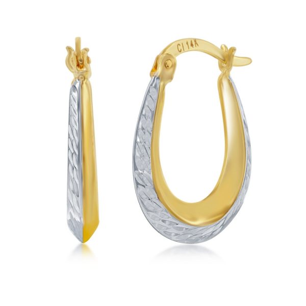 14K Yellow Gold, Diamond-Cut Oval Hoop Earrings