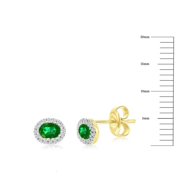 14K Yellow Gold, 4x3mm Oval Emerald (0.35ct) & Diamond Studs - (32 Stones) - Image 2