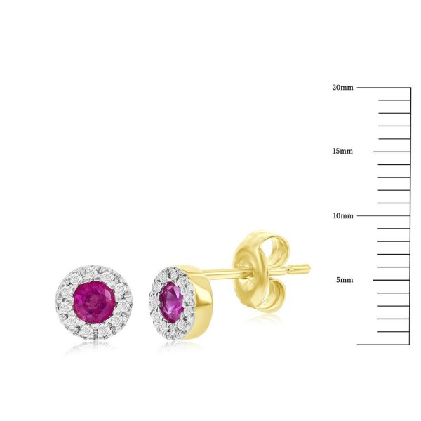 14K Yellow Gold, 3mm Round Ruby (0.32ct) & Diamond Studs - (22 Stones) - Image 2