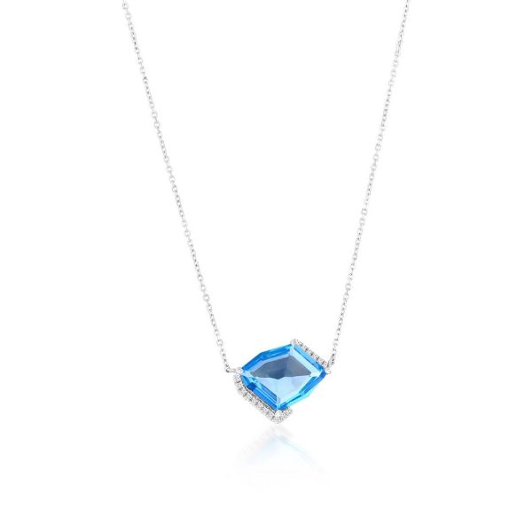 14K White Gold, 2.57ct Blue Topaz, Diamond Necklace - 17 Stones