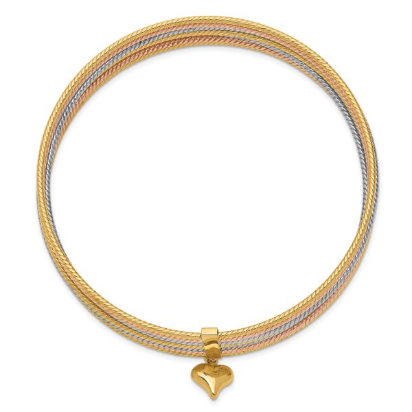 14K Tri-color w/ Dangle Heart Oversized Set of 7 Textured Slip-on Bangles - Image 2