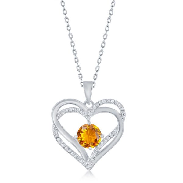 Sterling Silver Double Heart "November" Birthstone CZ Pendant w/Chain - Citrine CZ