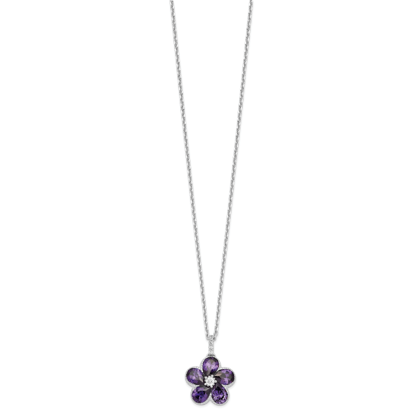 SS Cheryl M Rh-pltd Purple & White CZ Flower w/ 2in ext. Necklace - Image 2