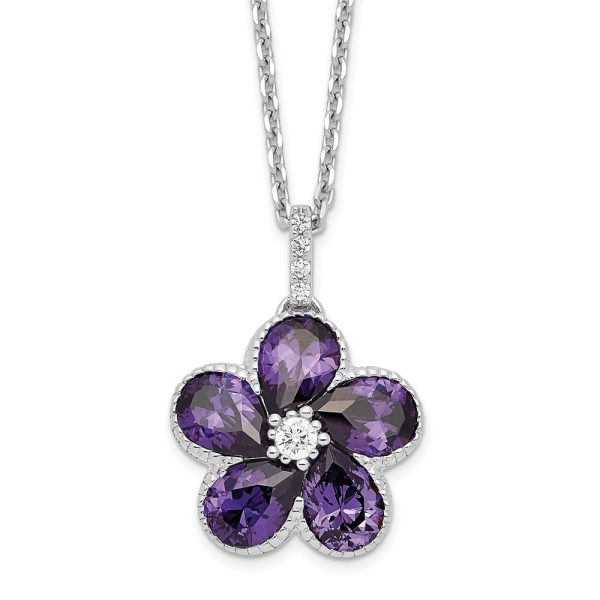 SS Cheryl M Rh-pltd Purple & White CZ Flower w/ 2in ext. Necklace