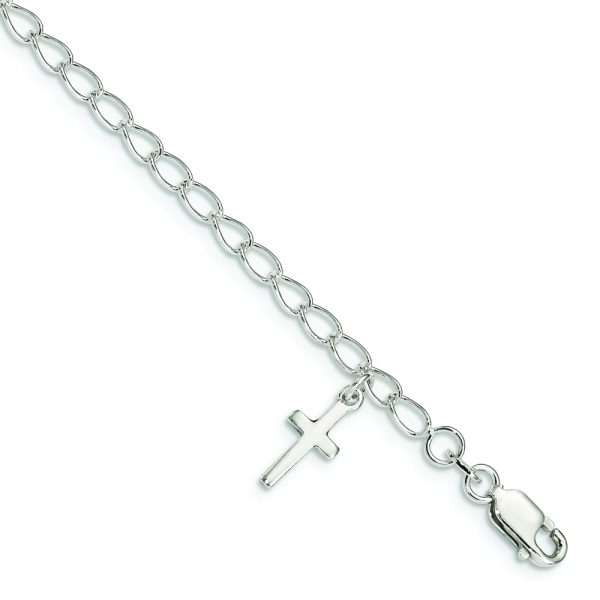 Sterling Silver Polished Latin Cross Charm with 1in Ext. Children's Bracelet