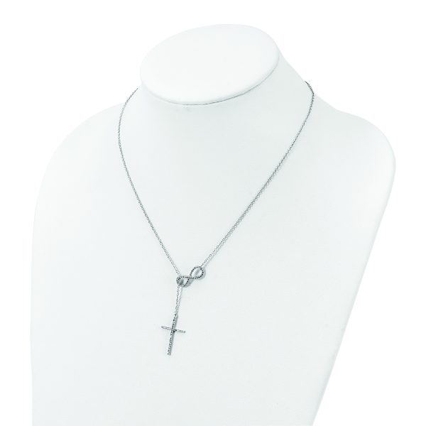 Sterling Silver Polished Rhodium CZ Cross/Infinity Symbol 18in Necklace - Image 3