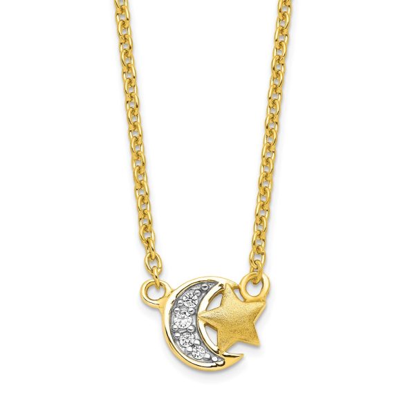 Sterling Silver Gold-tone CZ Satin Star and Polished Moon Necklace