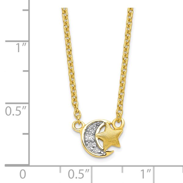 Sterling Silver Gold-tone CZ Satin Star and Polished Moon Necklace - Image 2