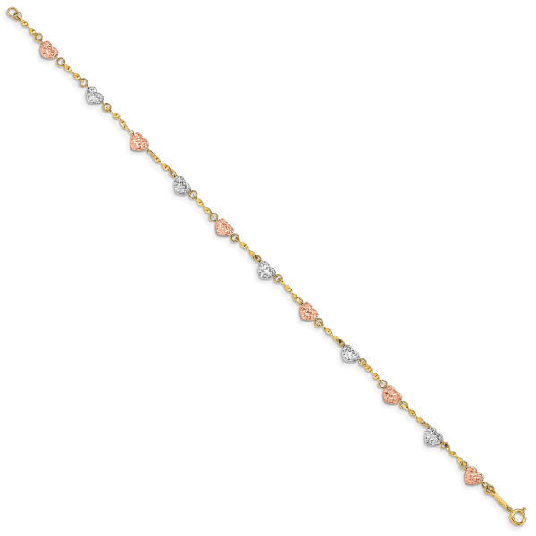 14k Tri-color Diamond-cut Puff Heart Bracelet - Image 2