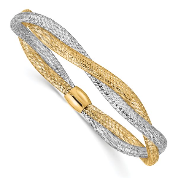 14K with Rhodium Twisted Woven Mesh Stretch Bracelet - Image 2