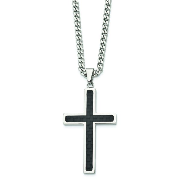 Stainless Steel Polished w/Carbon Fiber Inlay Cross 24in Necklace