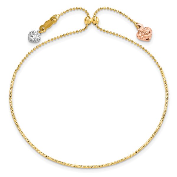 14K Tri-color D/C Heart Adjustable Bracelet - Image 3