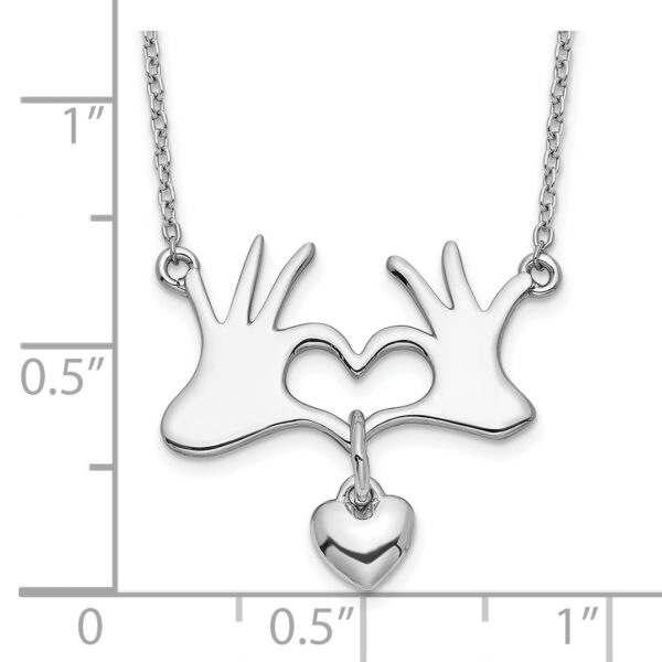 Sterling Silver Rhodium-plated Hands Heart w/Dangle Heart Necklace - Image 2